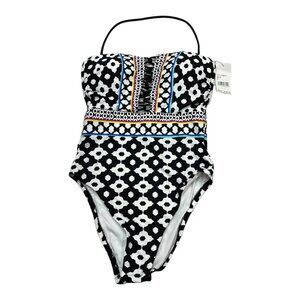 Trina Turk Swimsuit Womens 4 Black One Piece‎ Animal Print Lace Up Bodice Artsy